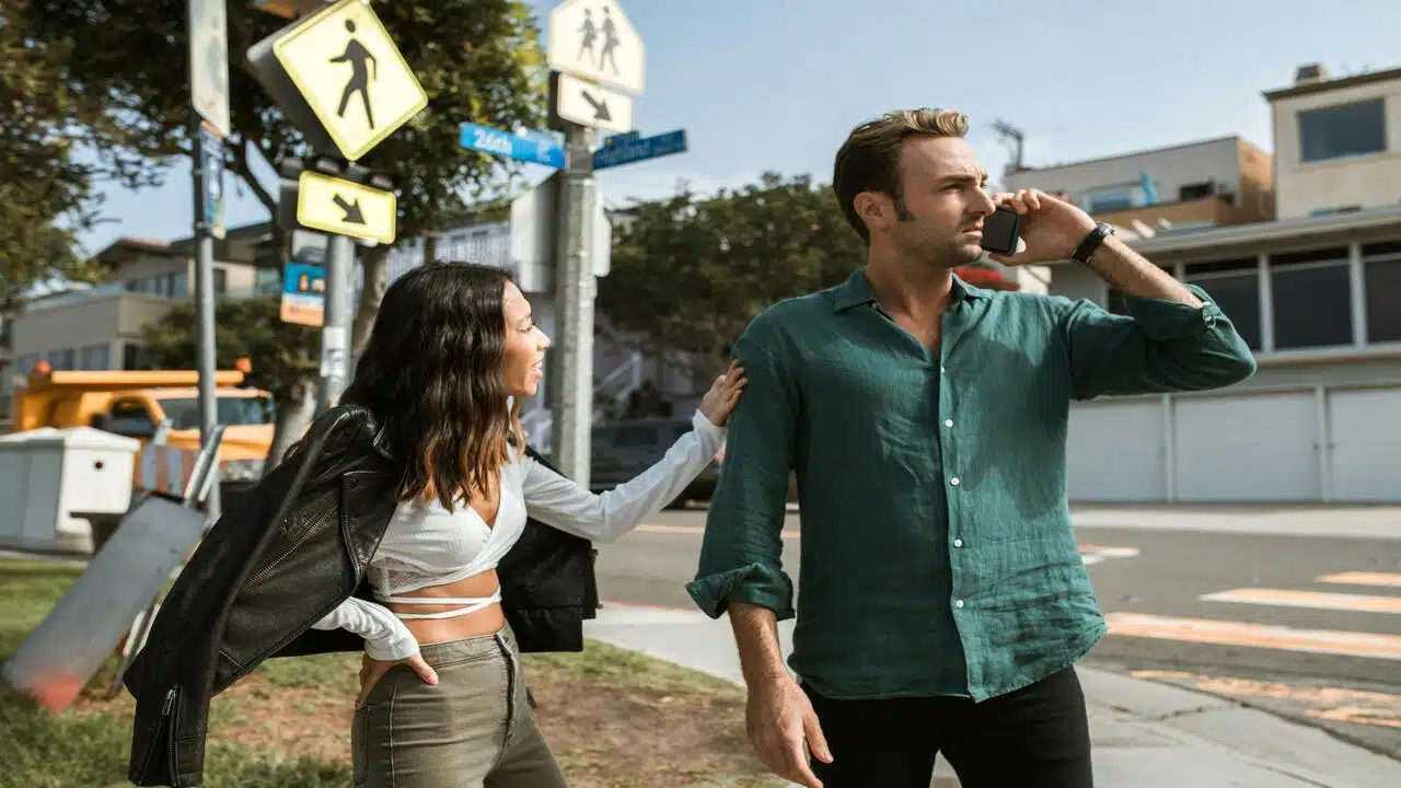 A couple arguing outdoors