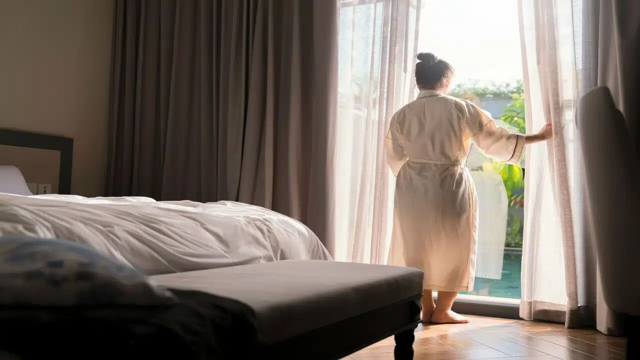 A woman opening the window at home