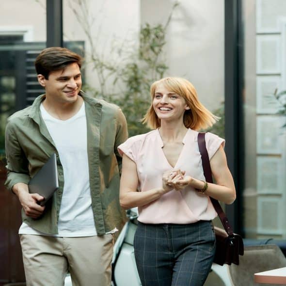 couple walking together during relaxed conversation