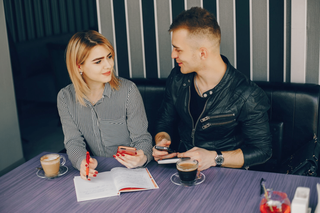 A man and woman talking