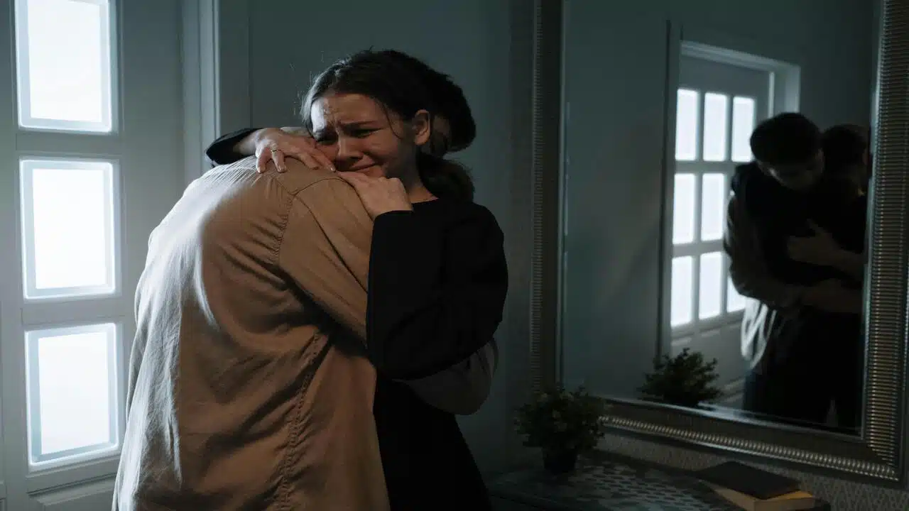 A couple crying while hugging