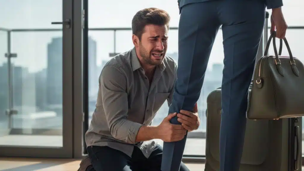 A man on his knees desperately clings to his wife's leg as she prepares to leave.