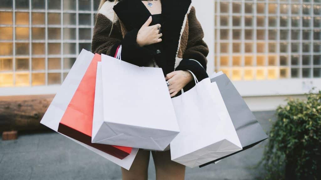 A person wearing a jacket holds several shopping bags of various colors and sizes.
