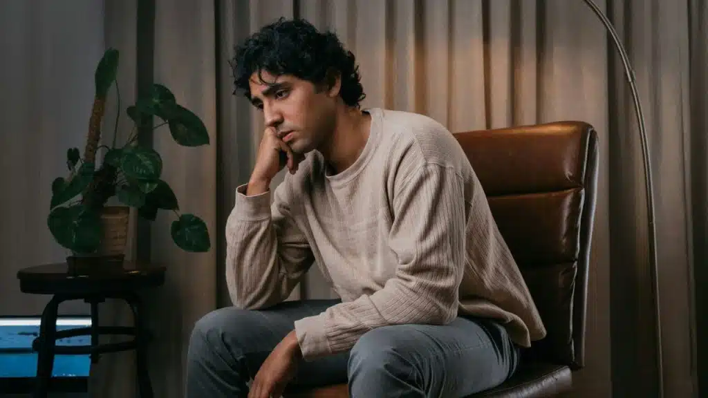 A man sits in a brown chair, resting his chin on his hand, looking down.