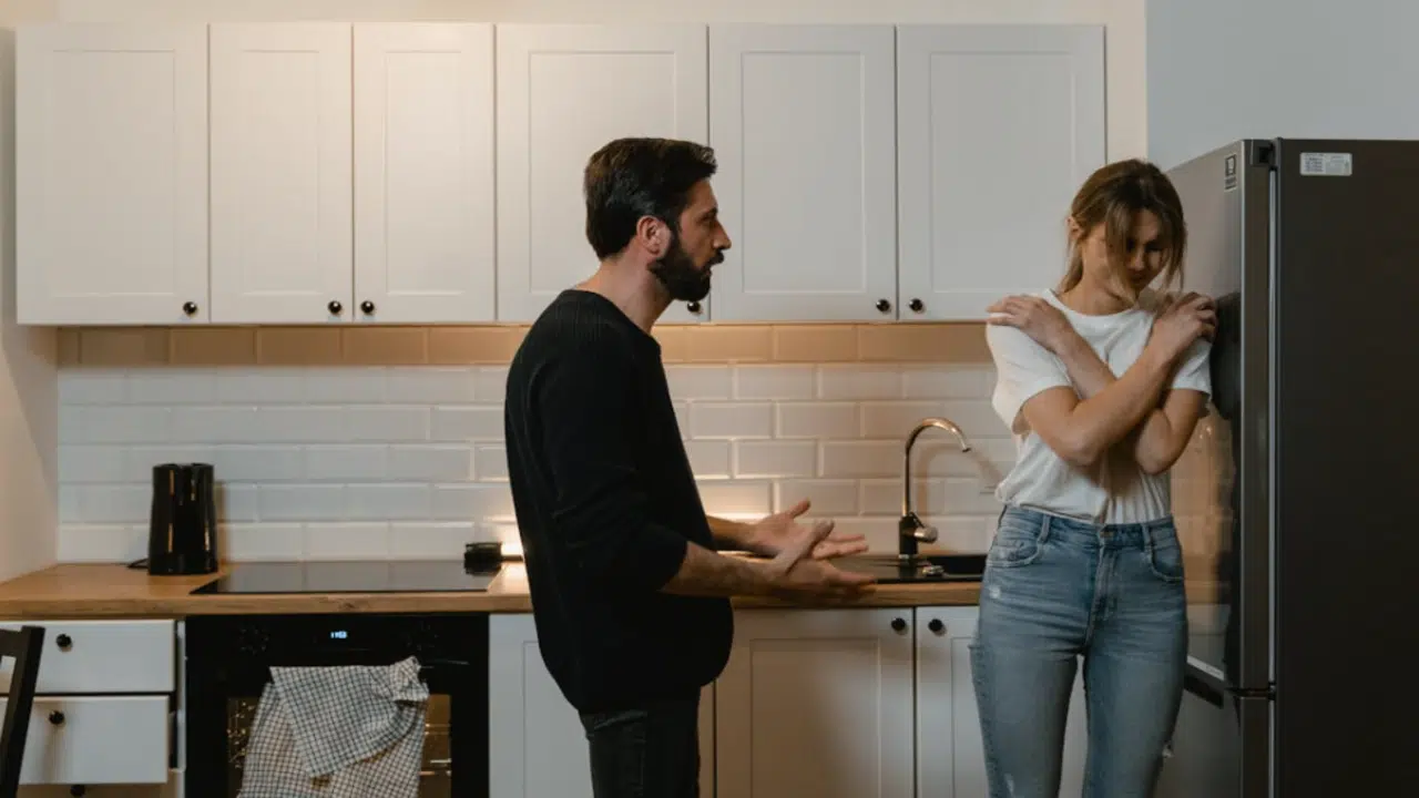 A man yelling at his wife in the kitchen