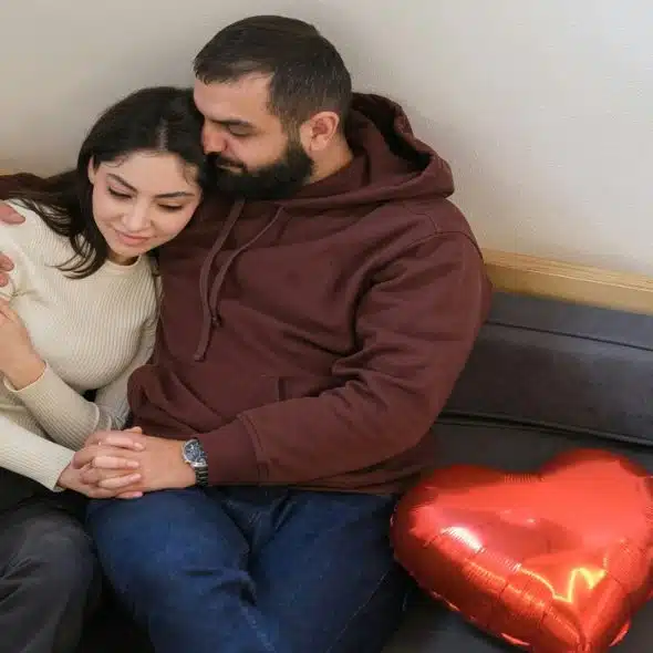 A couple cuddling at home