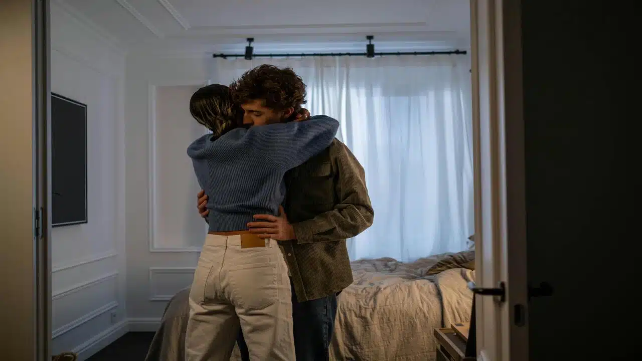 A couple hugging at home
