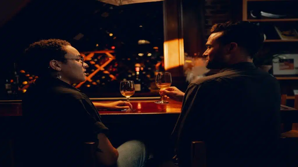 couple talking intensely at table
