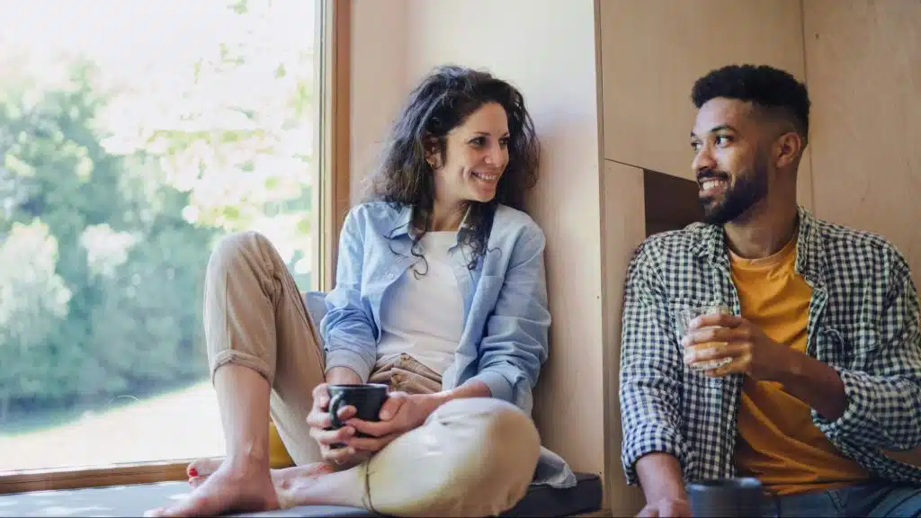 A man and woman talking