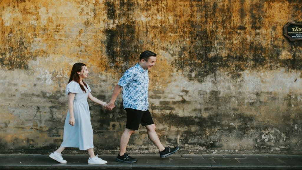 couple walking together in sync