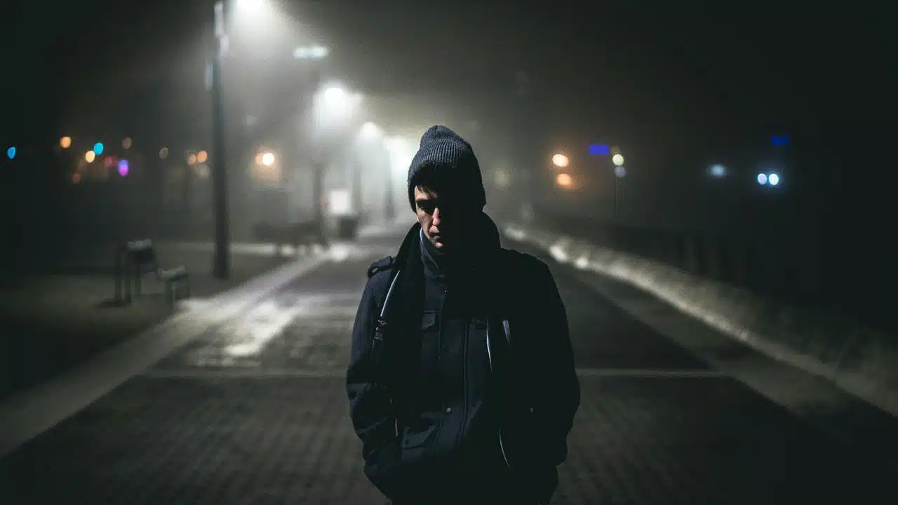 A solitary person walking down a foggy street