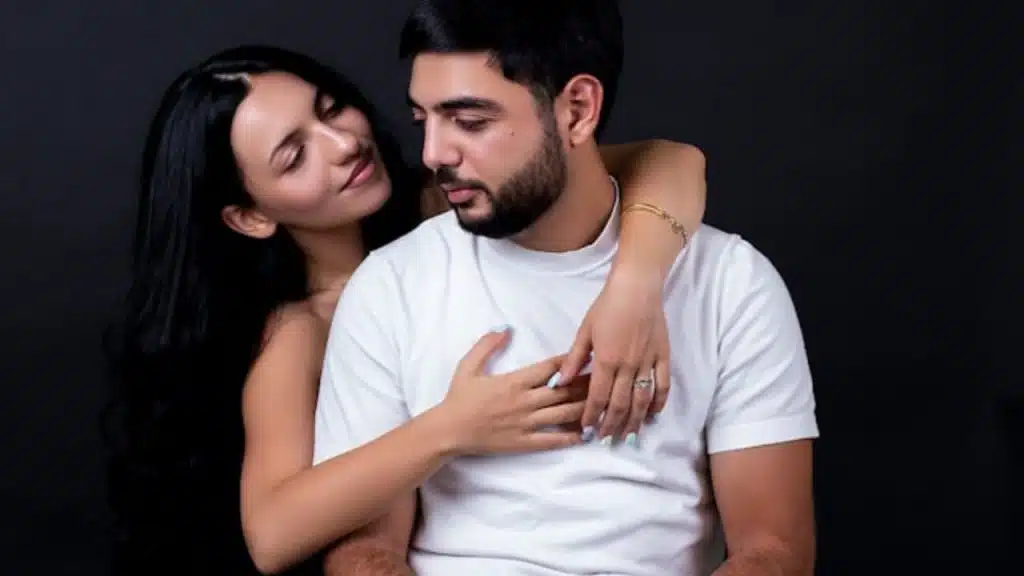 A woman hugs a man from behind, resting her hands on his chest.