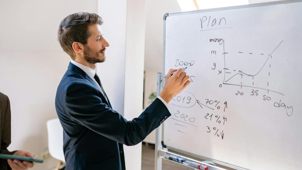 A man in a suit writes a plan and a line graph on a whiteboard.