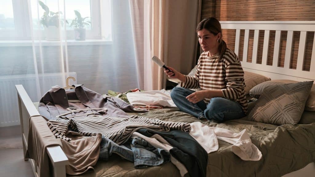 A woman sitting on a bed with clothes on it.
