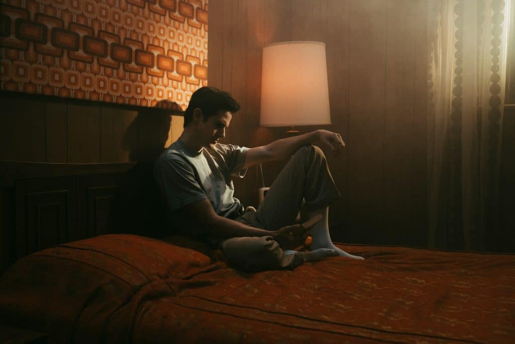 dimly lit bedroom scene