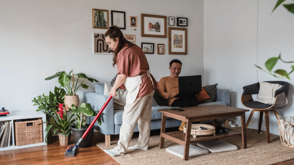 A couple not looking at each other at home