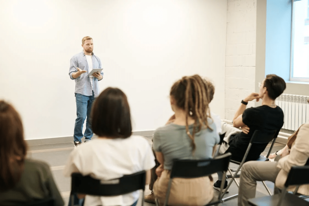 A group of people in a class