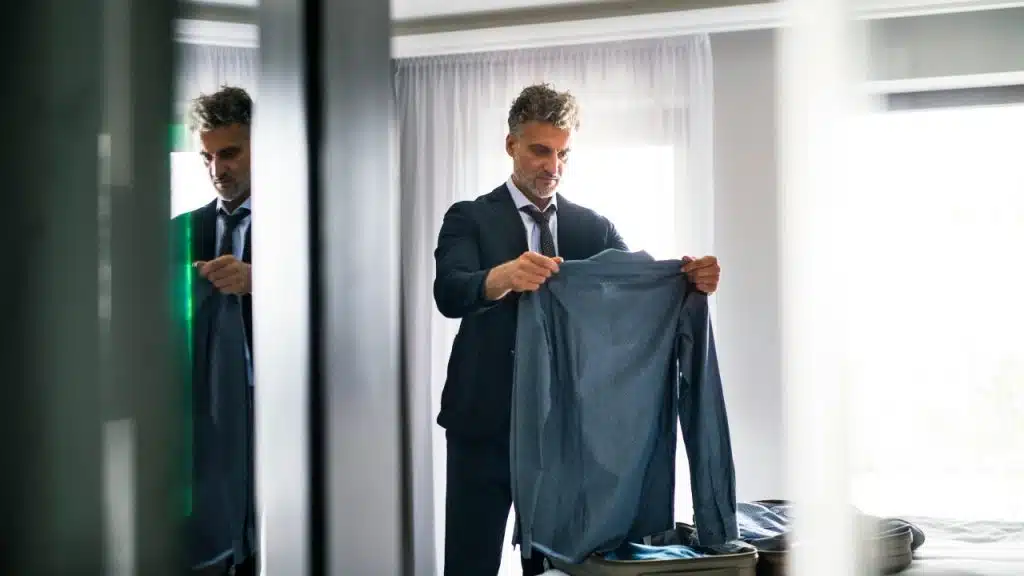 A man in a dark suit holds a blue button-down shirt over an open suitcase.