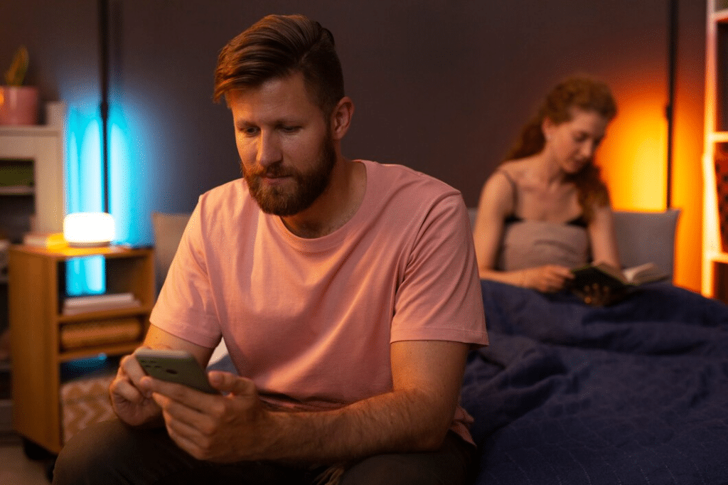 Couple sitting apart in bed reading book and phone