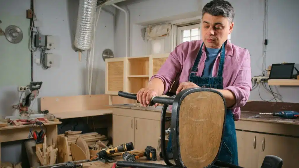 A man in a pink shirt and denim apron sands a wooden chair in a workshop.