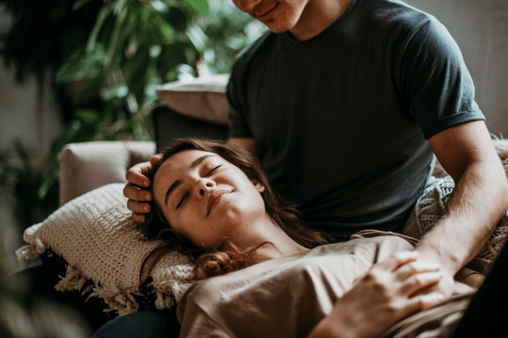A man letting a woman to rest