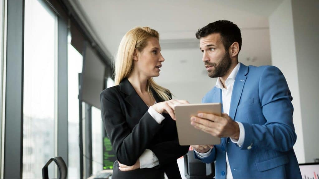 A man and woman talking