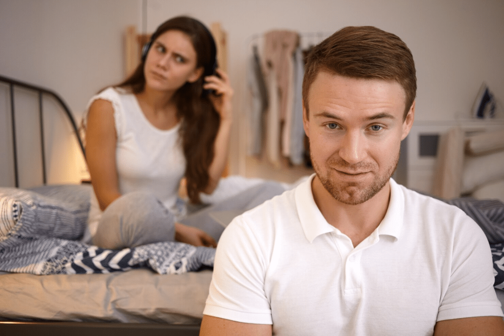 Woman doubting and a man smiling 