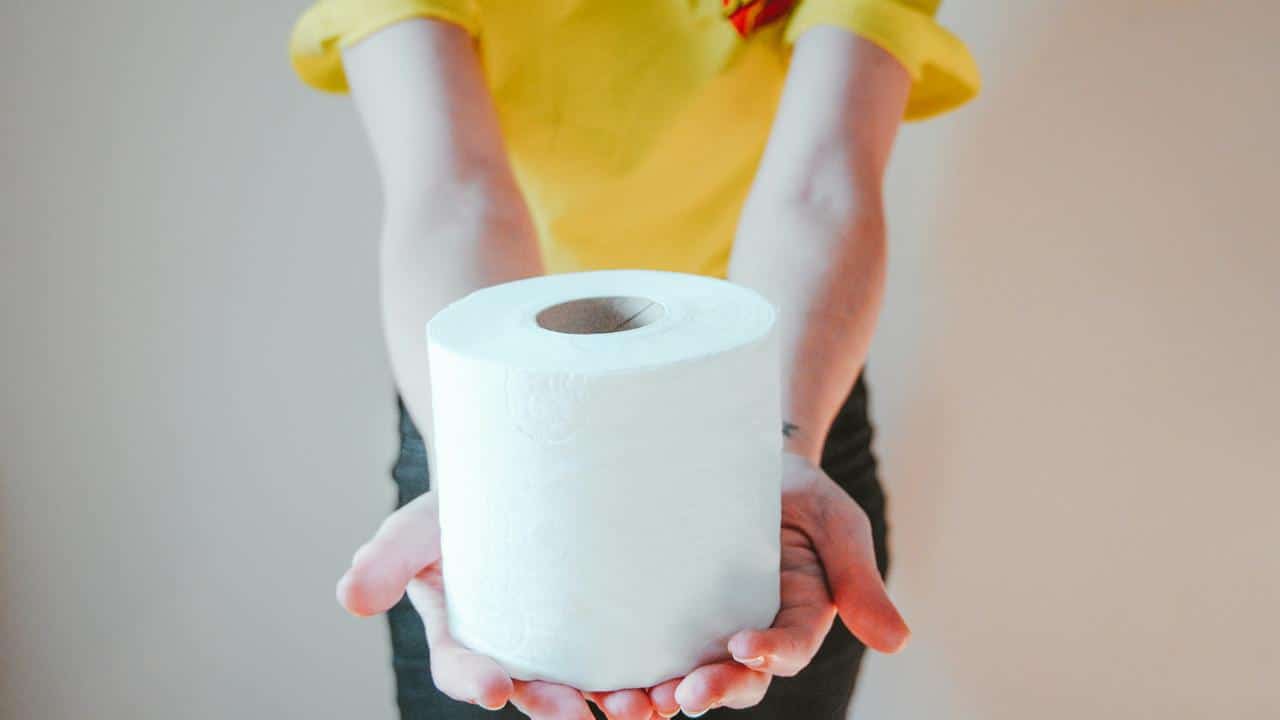 A person holding a roll of toilet paper