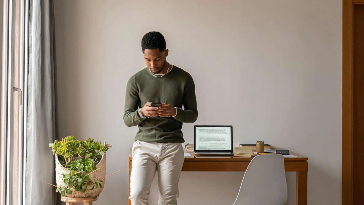 A man looking at his phone while leaning against a desk on which a laptop is placed.