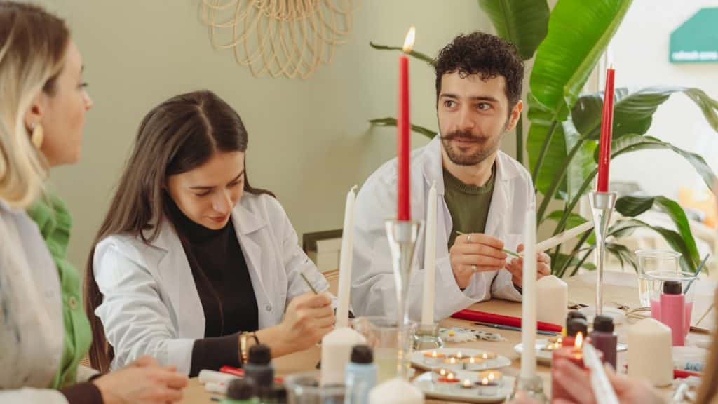 A group of people in a painting class.