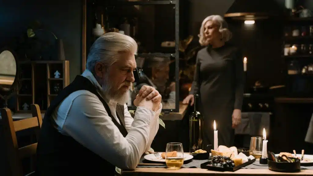 A bearded man sits at a candlelit dinner table while a woman stands in the background.