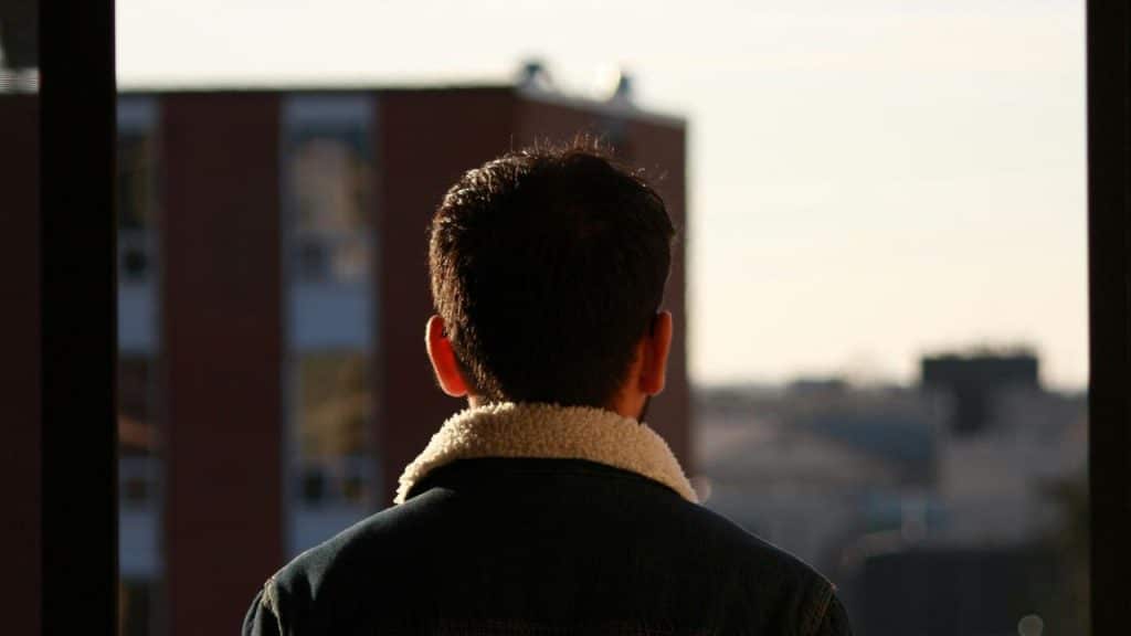 A person seen from behind looking out a window toward distant buildings.