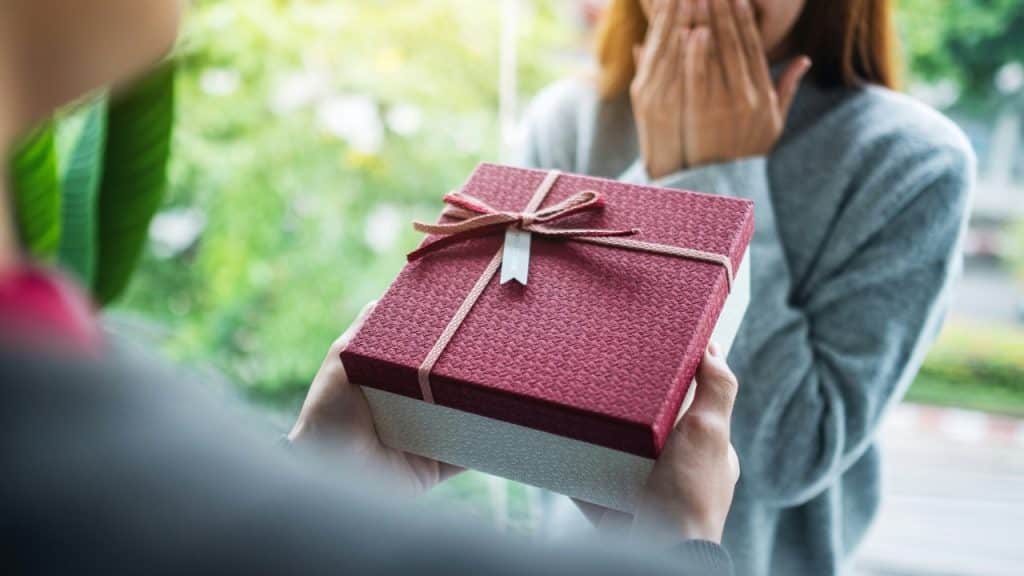 A person holds out a maroon gift box with a bow toward a surprised young woman.