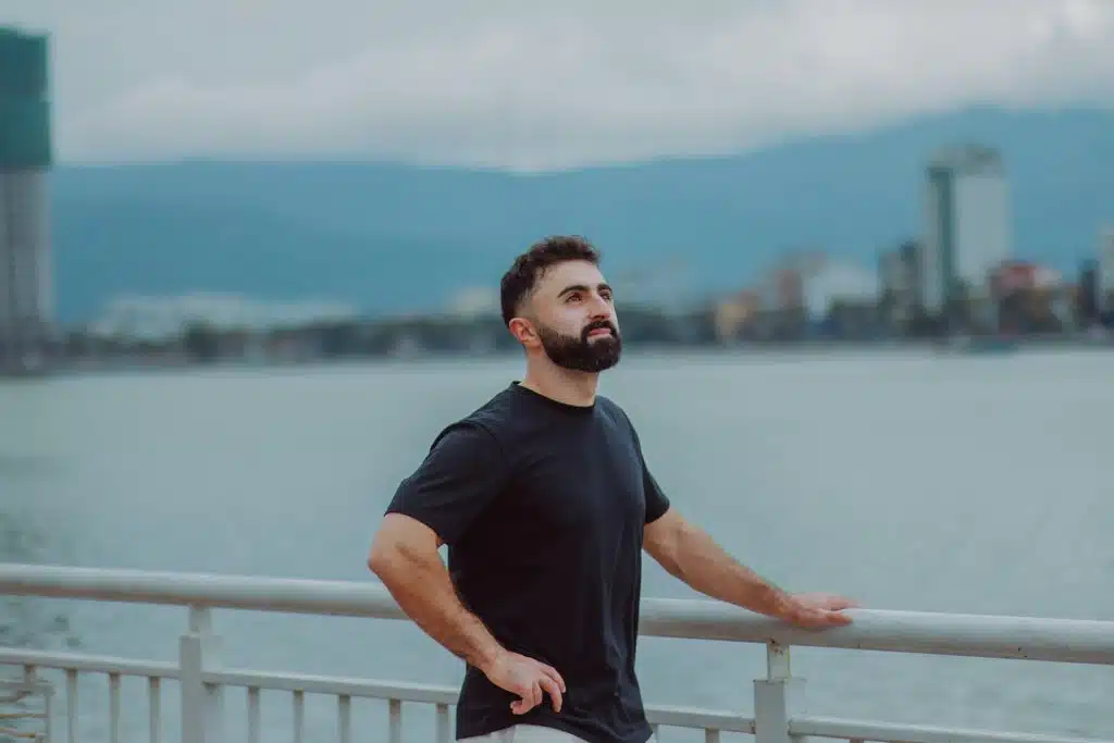 man looking city skyline