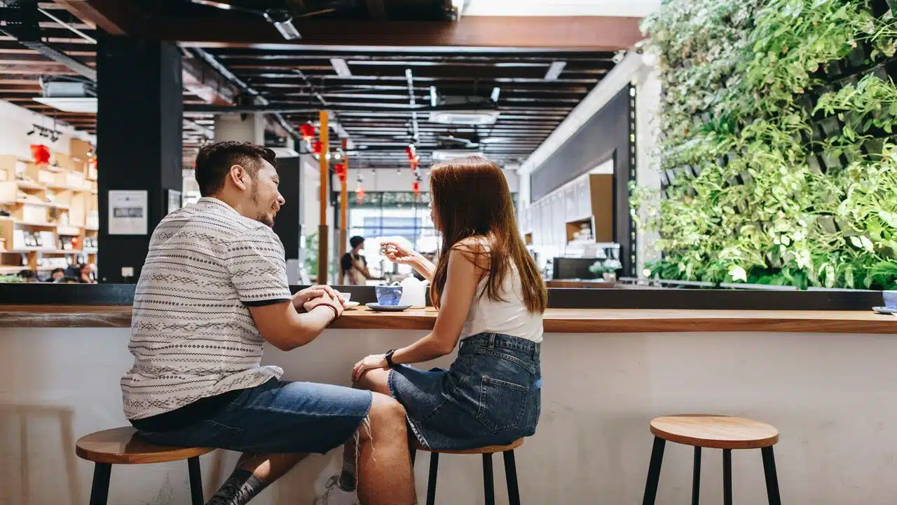 A couple talking during their date