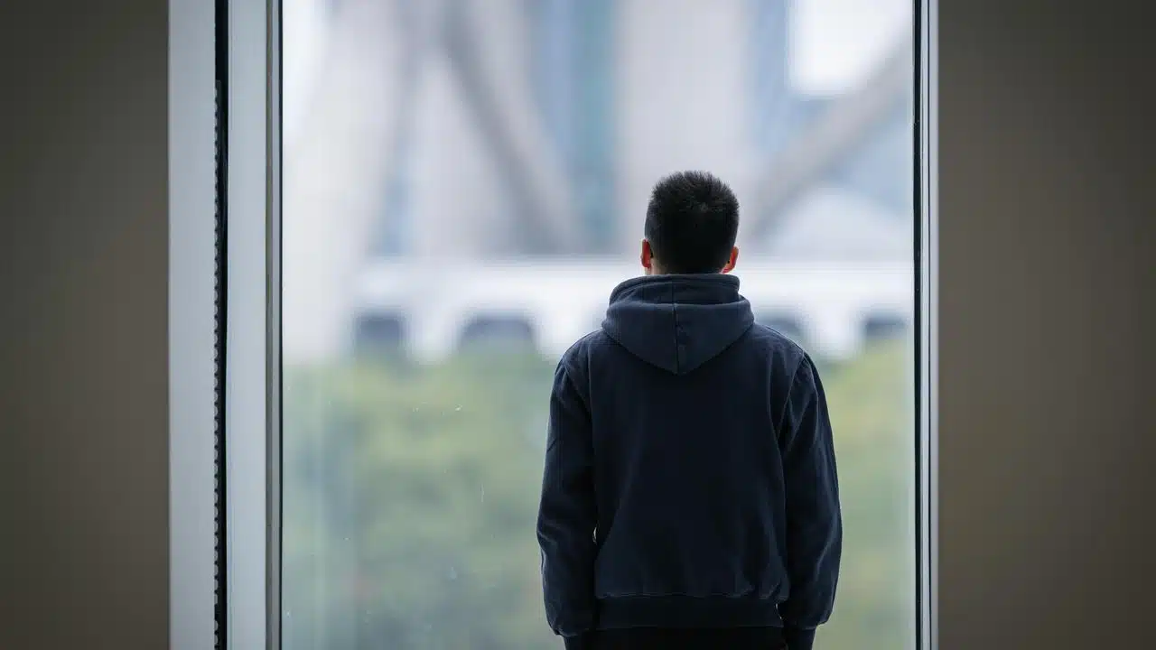 A person standing and looking out through a large window