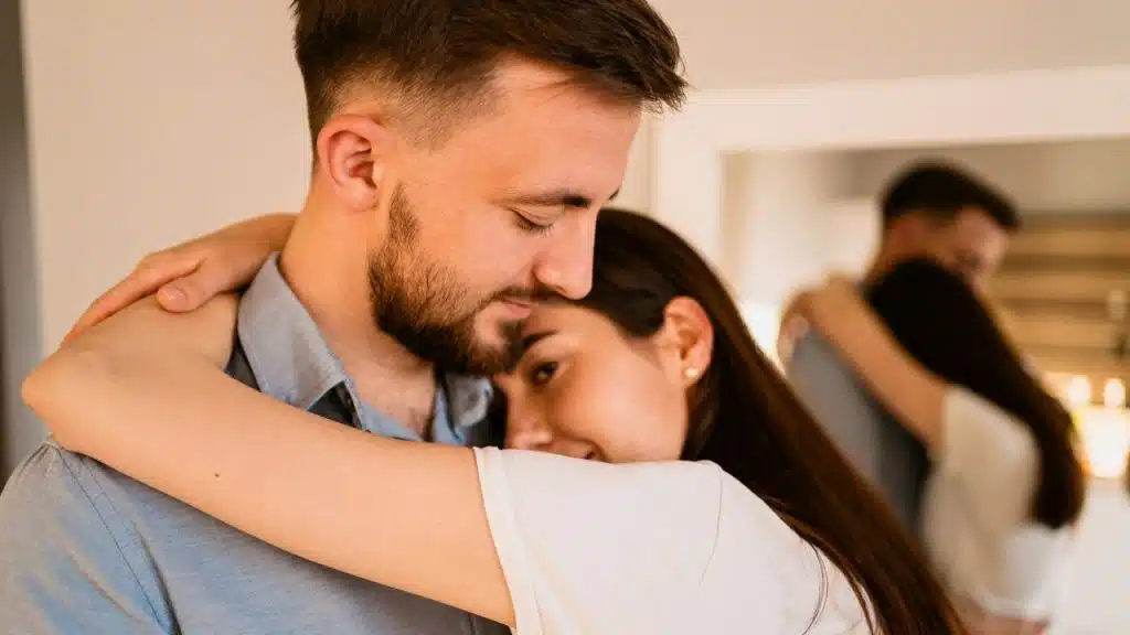 A man and woman embrace closely while standing in a room with a mirror.