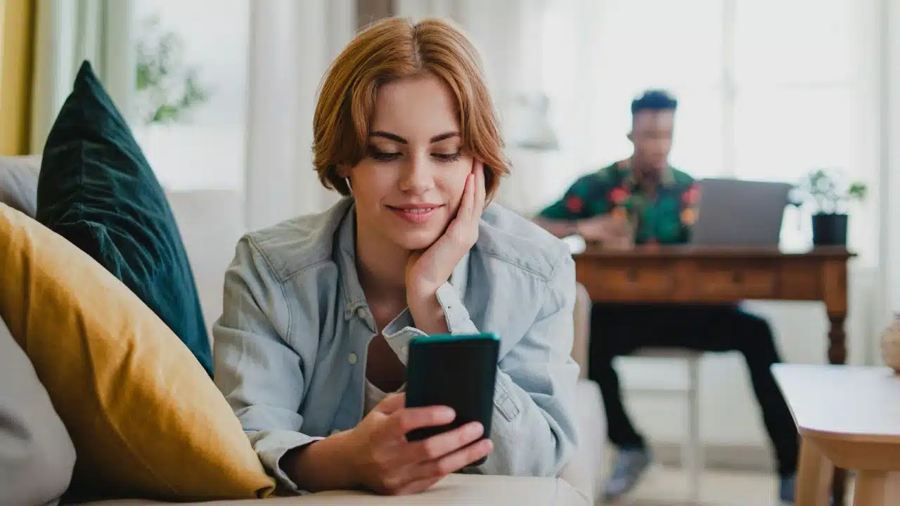 A woman smiles at her phone on a couch while a man works in the background.