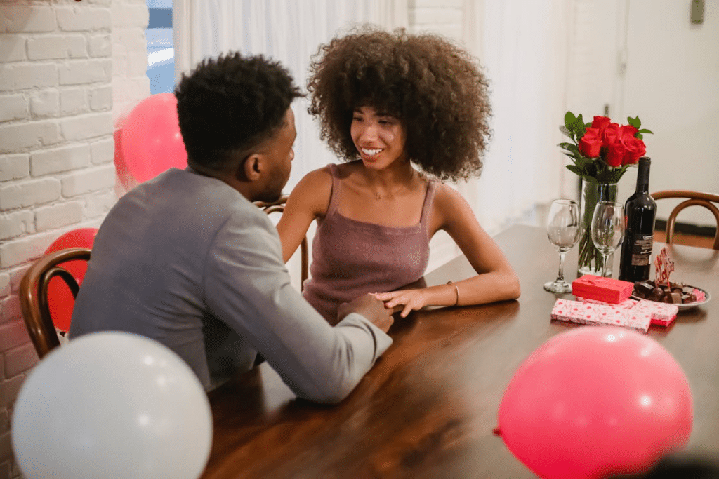 A man and a woman talking