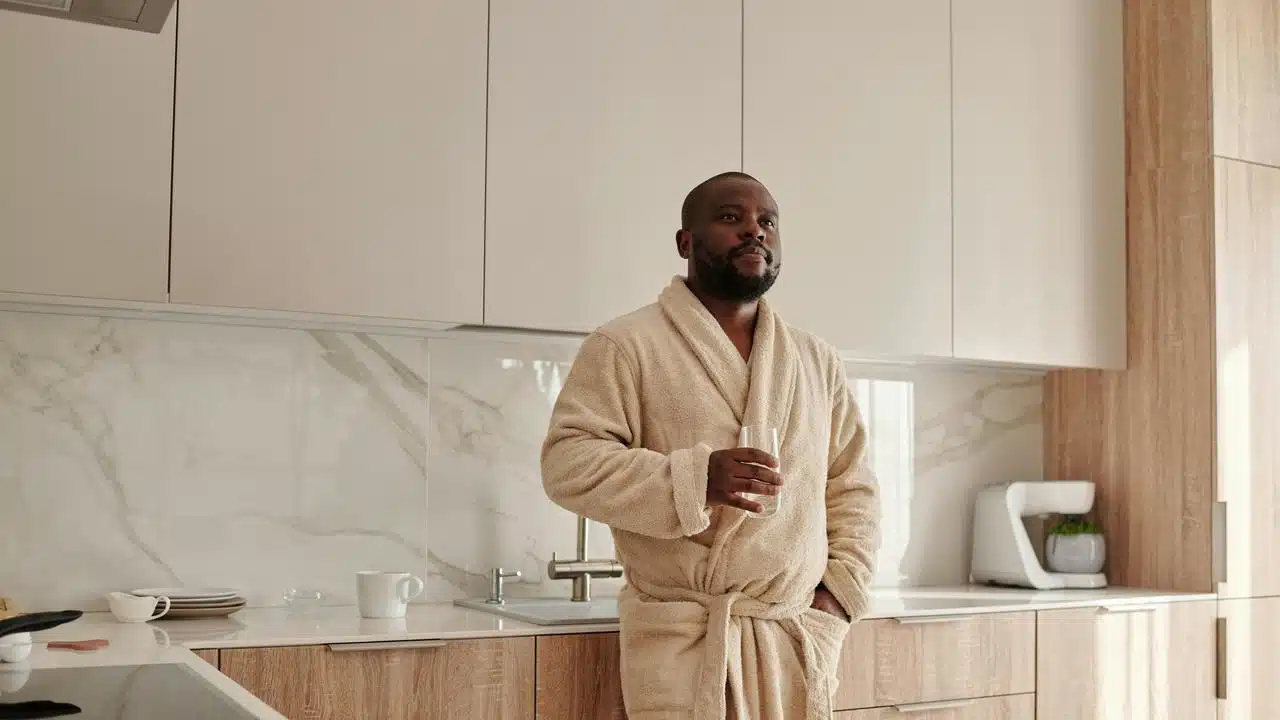 A man in a bathrobe standing in a kitchen 