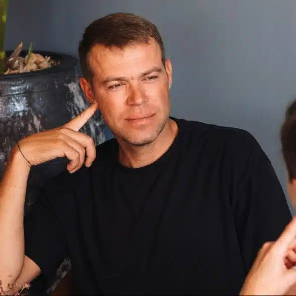 A man and woman talking