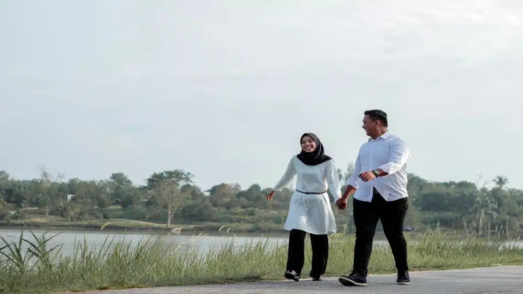couple walking together during calm conversation