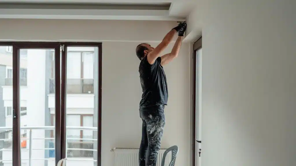 A man standing on a chair working on the ceiling inside a room