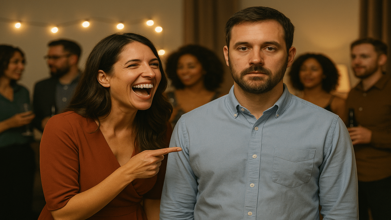 A woman joking about her husband at a party
