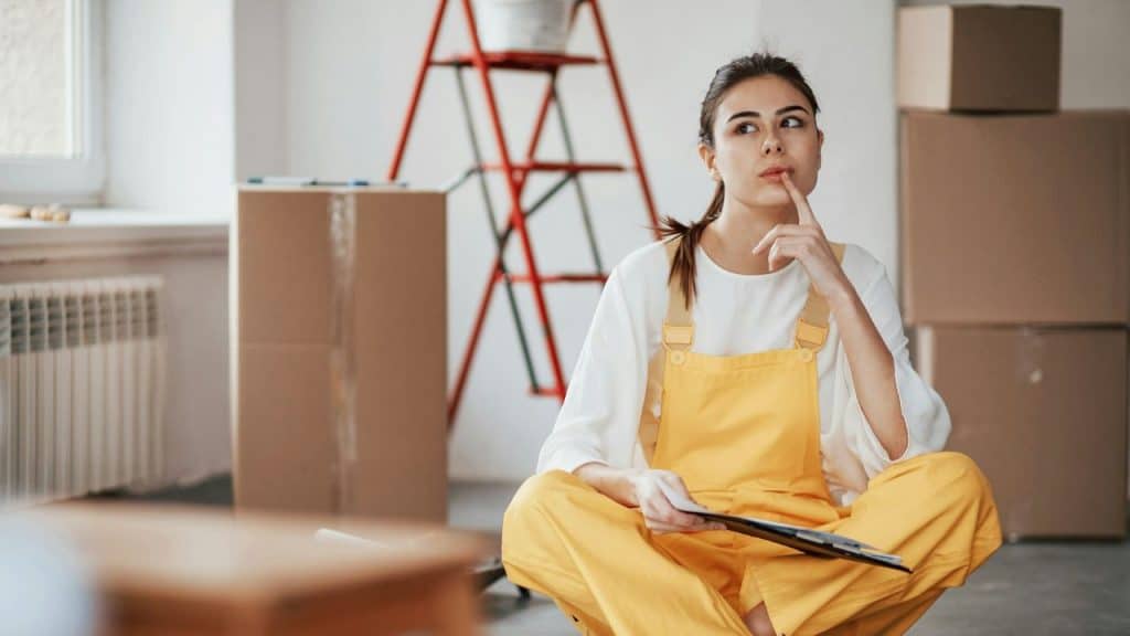 A woman in yellow overalls sits on the floor surrounded by cardboard moving boxes and a ladder.