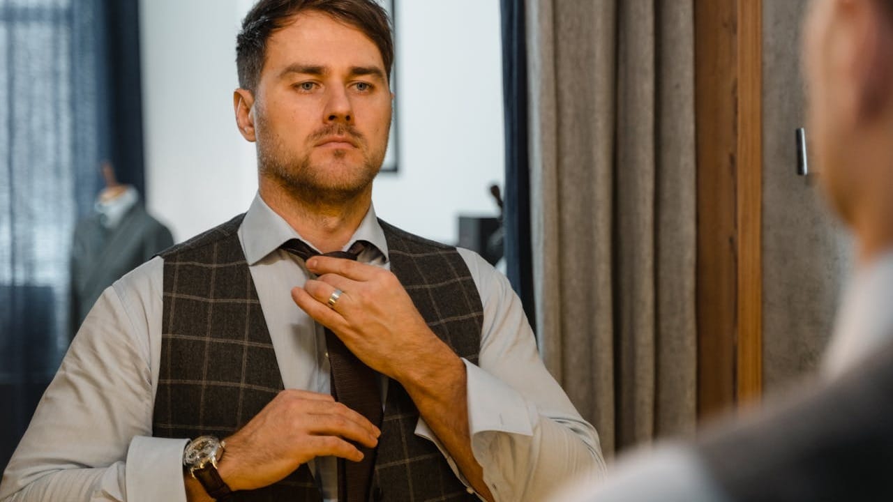 A man looking at his refelction in the mirror.