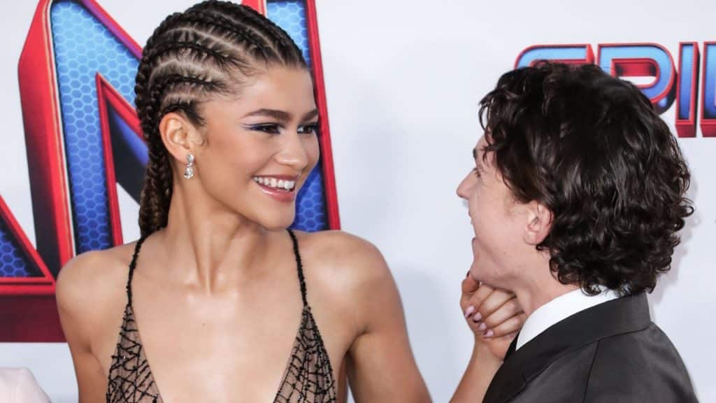A photo of Zendaya holding Tom Holland’s chin while smiling.