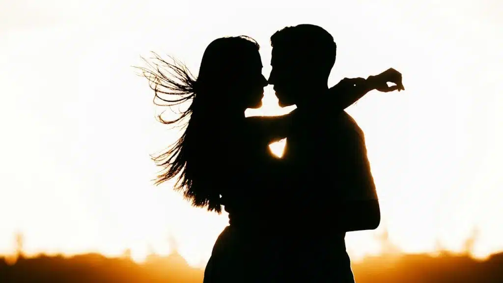 A silhouette of a couple embracing and about to kiss each other.