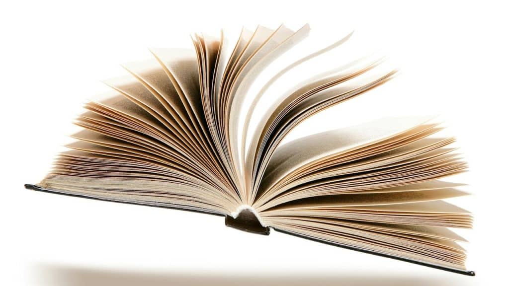 An open book with its pages turning which is suspended in the air in front of a white background.