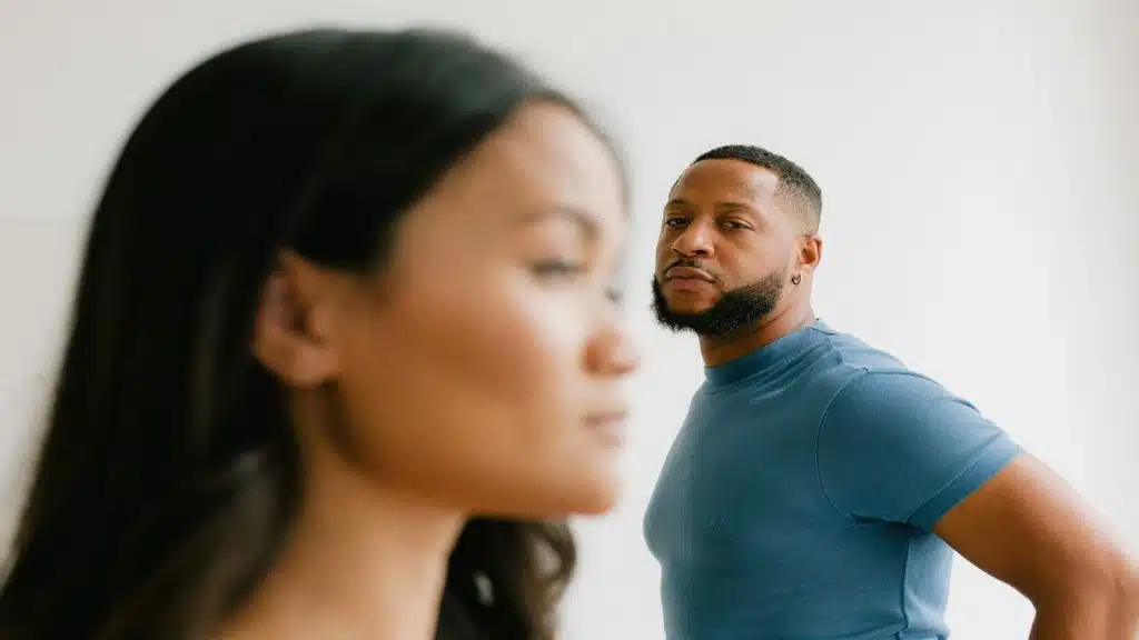 man unaware while partner looks thoughtful